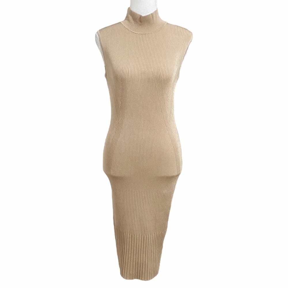 Marciano CAMEL TAN RIBBED STRETCH MOCK NECK SLEEVELESS BODYCON DRESS